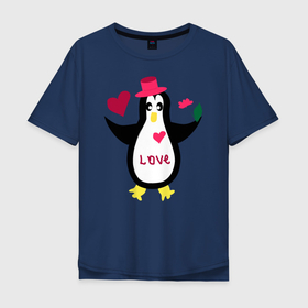 Мужская футболка хлопок Oversize с принтом Влюбленный пингвин в Кировске, 100% хлопок | свободный крой, круглый ворот, “спинка” длиннее передней части | животные | кавайи | любовь | надпись на английском | сердца | цветы