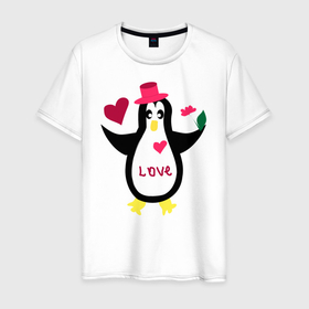 Мужская футболка хлопок с принтом Влюбленный пингвин в Санкт-Петербурге, 100% хлопок | прямой крой, круглый вырез горловины, длина до линии бедер, слегка спущенное плечо. | животные | кавайи | любовь | надпись на английском | сердца | цветы