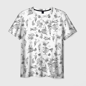 Мужская футболка 3D с принтом Рисованные сказочные рыбки в Белгороде, 100% полиэфир | прямой крой, круглый вырез горловины, длина до линии бедер | Тематика изображения на принте: детский рисунок | набросок | рисунок | рыбки | сказочный | скетч