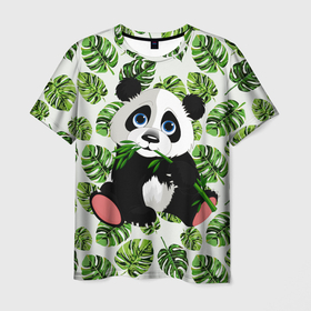 Мужская футболка 3D с принтом Милая Панда (Летняя) в Новосибирске, 100% полиэфир | прямой крой, круглый вырез горловины, длина до линии бедер | animals | beast | eyes | flower | panda | глаза | животные | звери | летние | лето | милые | панда | паттерн | растения | цветы | эвкалипт