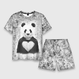 Мужской костюм с шортами 3D с принтом Панда Любовь Сердце Меланж ,  |  | Тематика изображения на принте: animals | beast | panda | глаза | животные | звери | краски | любовь | меланж | милые | панда | пятна | растения | сердце | серый | цветы | чб | эвкалипт