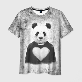 Мужская футболка 3D с принтом Панда Любовь Сердце Меланж  в Екатеринбурге, 100% полиэфир | прямой крой, круглый вырез горловины, длина до линии бедер | Тематика изображения на принте: animals | beast | panda | глаза | животные | звери | краски | любовь | меланж | милые | панда | пятна | растения | сердце | серый | цветы | чб | эвкалипт