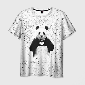 Мужская футболка 3D с принтом Панда Любовь Сердце Брызги в Курске, 100% полиэфир | прямой крой, круглый вырез горловины, длина до линии бедер | animals | beast | panda | брызги | глаза | животные | звери | краски | любовь | милые | панда | пятна | растения | сердце | серый | точки | цветы | чб | эвкалипт