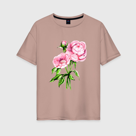 Женская футболка хлопок Oversize с принтом Букет пионов в Новосибирске, 100% хлопок | свободный крой, круглый ворот, спущенный рукав, длина до линии бедер
 | peonies | peony | акварель | букет | букетик | пион | пионы | рисунок | цветок | цветочки | цветочный | цветы