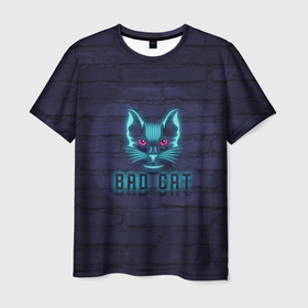 Мужская футболка 3D с принтом Bad cat в Петрозаводске, 100% полиэфир | прямой крой, круглый вырез горловины, длина до линии бедер | neon | neon cat | кирпич | неон | неоновый кот | стена | тренд