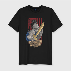 Мужская футболка хлопок Slim с принтом Американский рыцарь в Петрозаводске, 92% хлопок, 8% лайкра | приталенный силуэт, круглый вырез ворота, длина до линии бедра, короткий рукав | америка | иллюстрация | меч | рыцарь | сша | щит
