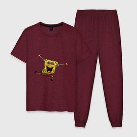 Мужская пижама хлопок с принтом СПАНЧ БОБ в Белгороде, 100% хлопок | брюки и футболка прямого кроя, без карманов, на брюках мягкая резинка на поясе и по низу штанин
 | губка боб | желтый | квадратные штаны | мультфильм | смайлик. | спанч боб