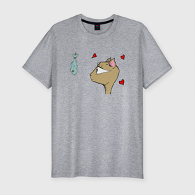 Мужская футболка хлопок Slim с принтом Love Fish в Екатеринбурге, 92% хлопок, 8% лайкра | приталенный силуэт, круглый вырез ворота, длина до линии бедра, короткий рукав | animal | cat | cute | kitty | meow | друг | животные | киска | кися | китти | кот | котенок | котик | котэ | кошечка | кошка | мур | мяу | питомец