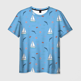 Мужская футболка 3D с принтом Море, дельфины, парусник в Кировске, 100% полиэфир | прямой крой, круглый вырез горловины, длина до линии бедер | boat | dolphins | lifebuoy | marine | ocean | sea | southern | starfish | summer | vacation | waves | волны | корабль | лето | лодка | морская звезда | морской | обитатели | океан | отдых | пейзаж | плавание | пляж | синий | спасательный круг | 