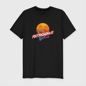 Мужская футболка хлопок Slim с принтом Retrowave style в Белгороде, 92% хлопок, 8% лайкра | приталенный силуэт, круглый вырез ворота, длина до линии бедра, короткий рукав | neon | palms | retrowave | sun | sunset | закат | неон | пальмы | ретровейв | солнце