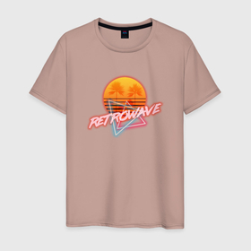 Мужская футболка хлопок с принтом Retrowave style в Новосибирске, 100% хлопок | прямой крой, круглый вырез горловины, длина до линии бедер, слегка спущенное плечо. | Тематика изображения на принте: neon | palms | retrowave | sun | sunset | закат | неон | пальмы | ретровейв | солнце