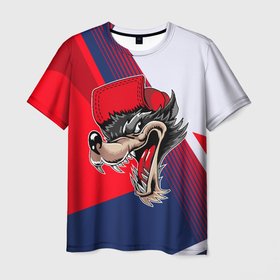 Мужская футболка 3D с принтом Волк в бейсболке в Екатеринбурге, 100% полиэфир | прямой крой, круглый вырез горловины, длина до линии бедер | wolf | волки | клыки | серый волк | хищник