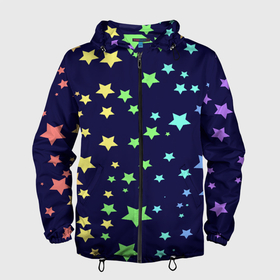 Мужская ветровка 3D с принтом Звезды в Курске, 100% полиэстер | подол и капюшон оформлены резинкой с фиксаторами, два кармана без застежек по бокам, один потайной карман на груди | звезда | звездопад | небо | ночь | разноцветный