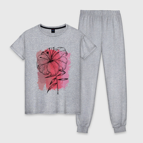 Женская пижама хлопок с принтом Восточная лилия в Петрозаводске, 100% хлопок | брюки и футболка прямого кроя, без карманов, на брюках мягкая резинка на поясе и по низу штанин | графика | красный | лилия | природа | розовый | цветы
