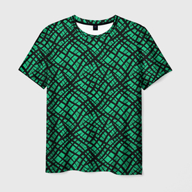 Мужская футболка 3D с принтом Абстрактный зелено-черный узор , 100% полиэфир | прямой крой, круглый вырез горловины, длина до линии бедер | абстрактный | зеленый | креативный камуфляж | линии | молодежный | полосатый | черный