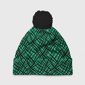 Шапка 3D c помпоном с принтом Абстрактный зелено-черный узор в Белгороде, 100% полиэстер | универсальный размер, печать по всей поверхности изделия | абстрактный | зеленый | креативный камуфляж | линии | молодежный | полосатый | черный
