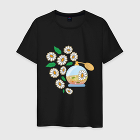 Мужская футболка хлопок с принтом Духи с ромашкой в Новосибирске, 100% хлопок | прямой крой, круглый вырез горловины, длина до линии бедер, слегка спущенное плечо. | aroma | chamomile | flower | perfume | аромат | духи | парфюм | ромашка | цветок