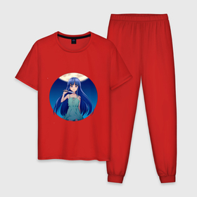 Мужская пижама хлопок с принтом Rika Furude в Санкт-Петербурге, 100% хлопок | брюки и футболка прямого кроя, без карманов, на брюках мягкая резинка на поясе и по низу штанин
 | аниме | девушка | луна | нож | платье | синие волосы