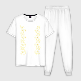 Мужская пижама хлопок с принтом Золотые бутоны в Новосибирске, 100% хлопок | брюки и футболка прямого кроя, без карманов, на брюках мягкая резинка на поясе и по низу штанин
 | вензеля | золотые бутоны | симметрия | узор | цветы