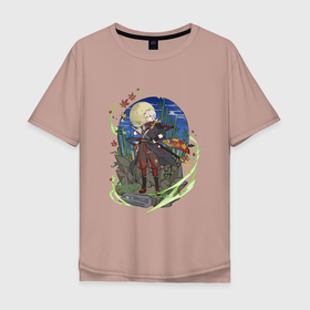 Мужская футболка хлопок Oversize с принтом Кадзуха и луна в Новосибирске, 100% хлопок | свободный крой, круглый ворот, “спинка” длиннее передней части | genshin impact | арт | бамбук | бамбуковый лес | ветер | инадзума | кадзуха | каэдэхара кадзуха | клён | кленовые листья | кленовый лист | луна | ночь | рисунок