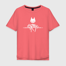 Мужская футболка хлопок Oversize с принтом Stray Game 2021 Logo в Санкт-Петербурге, 100% хлопок | свободный крой, круглый ворот, “спинка” длиннее передней части | Тематика изображения на принте: 2021 | cat | cyberpunk | game | stray | бродилка | бродить | бродячий | киберпанк | кот | стрей | стрэй