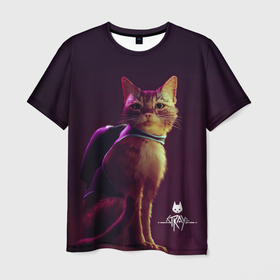 Мужская футболка 3D с принтом Stray Game 2021 в Санкт-Петербурге, 100% полиэфир | прямой крой, круглый вырез горловины, длина до линии бедер | 2021 | cat | cyberpunk | game | stray | бродилка | бродить | бродячий | киберпанк | кот | стрей | стрэй