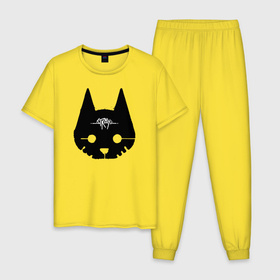 Мужская пижама хлопок с принтом Stray Game 2021 в Белгороде, 100% хлопок | брюки и футболка прямого кроя, без карманов, на брюках мягкая резинка на поясе и по низу штанин
 | Тематика изображения на принте: 2021 | cat | cyberpunk | game | stray | бродилка | бродить | бродячий | киберпанк | кот | стрей | стрэй