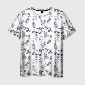 Мужская футболка 3D с принтом Скетч сказочные птицы , 100% полиэфир | прямой крой, круглый вырез горловины, длина до линии бедер | абстрактные птицы | набросок | птицы | рисунок | сказочные птицы | скетч | черно белый | экзотический | экзоты