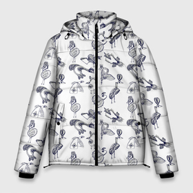 Мужская зимняя куртка 3D с принтом Скетч сказочные птицы в Тюмени, верх — 100% полиэстер; подкладка — 100% полиэстер; утеплитель — 100% полиэстер | длина ниже бедра, свободный силуэт Оверсайз. Есть воротник-стойка, отстегивающийся капюшон и ветрозащитная планка. 

Боковые карманы с листочкой на кнопках и внутренний карман на молнии. | абстрактные птицы | набросок | птицы | рисунок | сказочные птицы | скетч | черно белый | экзотический | экзоты