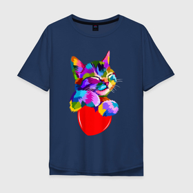 Мужская футболка хлопок Oversize с принтом РАДУЖНЫЙ КОТИК / RAINBOW KITTY в Курске, 100% хлопок | свободный крой, круглый ворот, “спинка” длиннее передней части | Тематика изображения на принте: heart | kitty | like | low poly | rainbow | животные | звери | котик | лайк | радуга | радужный котик | сердечко | цветные