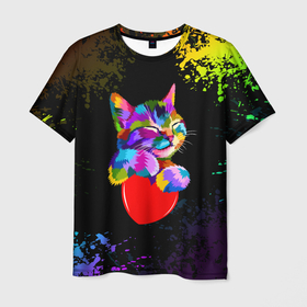 Мужская футболка 3D с принтом РАДУЖНЫЙ КОТИК / RAINBOW KITTY в Новосибирске, 100% полиэфир | прямой крой, круглый вырез горловины, длина до линии бедер | Тематика изображения на принте: heart | kitty | like | low poly | rainbow | животные | звери | котик | лайк | радуга | радужный котик | сердечко | цветные