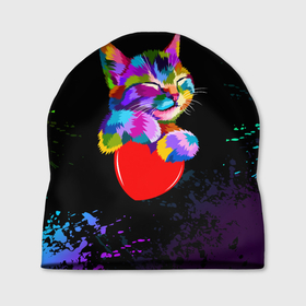 Шапка 3D с принтом РАДУЖНЫЙ КОТИК / RAINBOW KITTY , 100% полиэстер | универсальный размер, печать по всей поверхности изделия | heart | kitty | like | low poly | rainbow | животные | звери | котик | лайк | радуга | радужный котик | сердечко | цветные