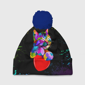 Шапка 3D c помпоном с принтом РАДУЖНЫЙ КОТИК / RAINBOW KITTY в Новосибирске, 100% полиэстер | универсальный размер, печать по всей поверхности изделия | heart | kitty | like | low poly | rainbow | животные | звери | котик | лайк | радуга | радужный котик | сердечко | цветные