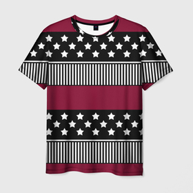Мужская футболка 3D с принтом Бордово-черный узор полосатый , 100% полиэфир | прямой крой, круглый вырез горловины, длина до линии бедер | бордовый и черный | звезды | комбинированный | полосатый | полосатый узор | пэчворк | черный