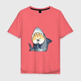Мужская футболка хлопок Oversize с принтом Акуло-пёс в Белгороде, 100% хлопок | свободный крой, круглый ворот, “спинка” длиннее передней части | акита ину | акула | арт | костюм | пёс | рисунок | рыжая собака | рыжий пёс | сиба ину | собака