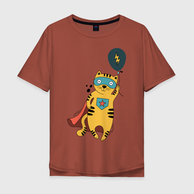 Мужская футболка хлопок Oversize с принтом Супер кот в Тюмени, 100% хлопок | свободный крой, круглый ворот, “спинка” длиннее передней части | Тематика изображения на принте: super cat | воздушный шарик | кот в плаще | кот герой | супер кот
