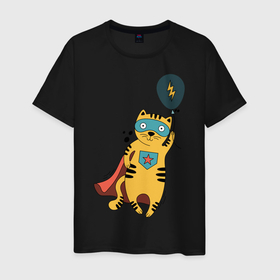 Мужская футболка хлопок с принтом Супер кот в Тюмени, 100% хлопок | прямой крой, круглый вырез горловины, длина до линии бедер, слегка спущенное плечо. | super cat | воздушный шарик | кот в плаще | кот герой | супер кот