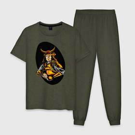 Мужская пижама хлопок с принтом Самурай в Курске, 100% хлопок | брюки и футболка прямого кроя, без карманов, на брюках мягкая резинка на поясе и по низу штанин
 | samurai | буси | воин | воин в доспехах | самурай | философия | япония