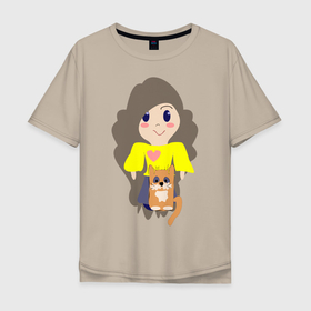 Мужская футболка хлопок Oversize с принтом Малышка с котиком в Курске, 100% хлопок | свободный крой, круглый ворот, “спинка” длиннее передней части | девочка | звери | кошка | люди | сердце