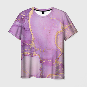 Мужская футболка 3D с принтом Сиреневые разводы краски в Тюмени, 100% полиэфир | прямой крой, круглый вырез горловины, длина до линии бедер | абстракция | блестки | градиент | золото | разводы краски