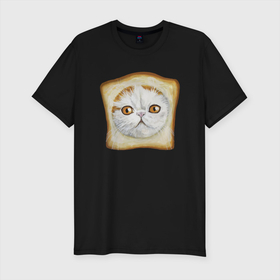 Мужская футболка хлопок Slim с принтом Bread Cat в Новосибирске, 92% хлопок, 8% лайкра | приталенный силуэт, круглый вырез ворота, длина до линии бедра, короткий рукав | animal | bread | cat | cute | kitty | meow | друг | еда | животные | киска | кися | китти | кот | котенок | котик | котэ | кошечка | кошка | мур | мяу | питомец | хлеб