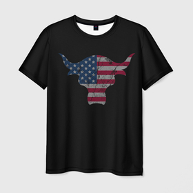 Мужская футболка 3D с принтом The Bull в Тюмени, 100% полиэфир | прямой крой, круглый вырез горловины, длина до линии бедер | америка | белый | бык | звёзды | красный | полоски | рога | флаг