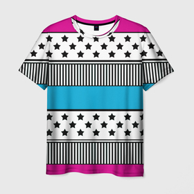 Мужская футболка 3D с принтом Молодежный современный узор в Курске, 100% полиэфир | прямой крой, круглый вырез горловины, длина до линии бедер | звезды | модный | полосатый пэчворк | полосатый узор | популярный | пэчворк | розовый | черный