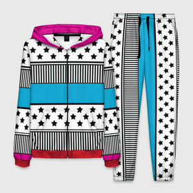 Мужской костюм 3D с принтом Молодежный современный узор в Санкт-Петербурге, 100% полиэстер | Манжеты и пояс оформлены тканевой резинкой, двухслойный капюшон со шнурком для регулировки, карманы спереди | звезды | модный | полосатый пэчворк | полосатый узор | популярный | пэчворк | розовый | черный