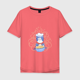 Мужская футболка хлопок Oversize с принтом Котик-повар в Тюмени, 100% хлопок | свободный крой, круглый ворот, “спинка” длиннее передней части | арт | кот | котик | кошка | макароны | паста | повар | рисунок | спагетти