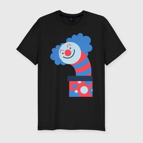 Мужская футболка хлопок Slim с принтом Жуткий клоун-сюрприз в коробке в Новосибирске, 92% хлопок, 8% лайкра | приталенный силуэт, круглый вырез ворота, длина до линии бедра, короткий рукав | веселье | жутко | клоун | мило | монстры | персонаж | существа | сюрприз