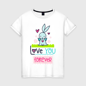 Женская футболка хлопок с принтом Любящий заяц в Новосибирске, 100% хлопок | прямой крой, круглый вырез горловины, длина до линии бедер, слегка спущенное плечо | заяц | крылья | лайн арт | любовь | сердце | цветы