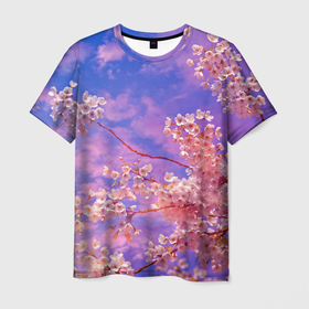Мужская футболка 3D с принтом Сакура , 100% полиэфир | прямой крой, круглый вырез горловины, длина до линии бедер | весна | дерево | деревья | лепестки | лес | лето | листья | май | на каждый день | небо | облака | осень | поле | розовый цветок | сакура | солнце | тропики | флора | цветок | цветочки | цветы