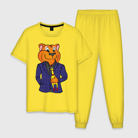 Мужская пижама хлопок с принтом Tiger & Rubber Chicken в Екатеринбурге, 100% хлопок | брюки и футболка прямого кроя, без карманов, на брюках мягкая резинка на поясе и по низу штанин
 | rubber chicken | tiger | курица | пиджак | резиновая курица | тигр