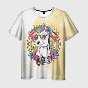 Мужская футболка 3D с принтом Hipster unicorn , 100% полиэфир | прямой крой, круглый вырез горловины, длина до линии бедер | арт | графика | единорог | животные | звери | пони